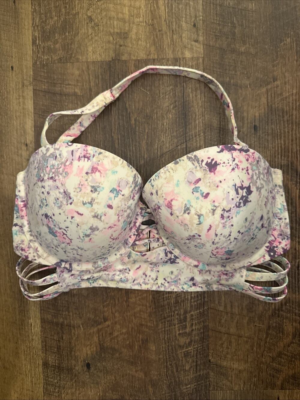 Victoria Secret Push Up Bikini Top Size 36DD White w/ Multicolor Splatter Design